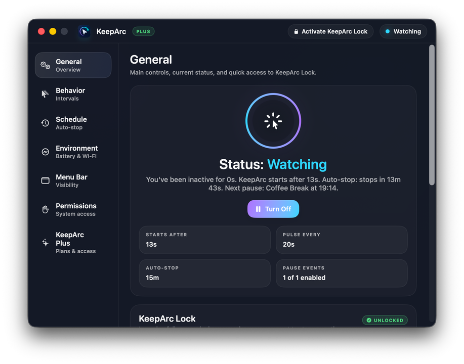 KeepArc settings window with timing controls