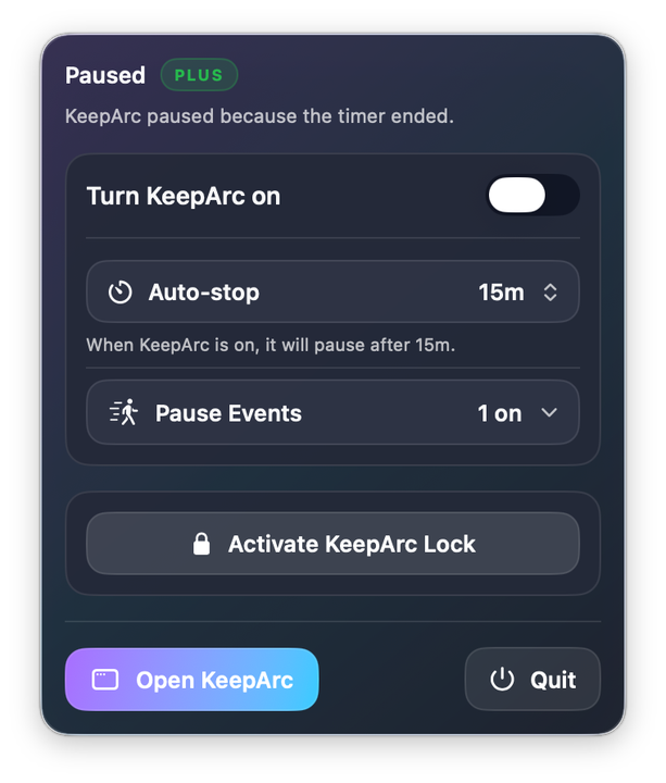 KeepArc menu bar dropdown