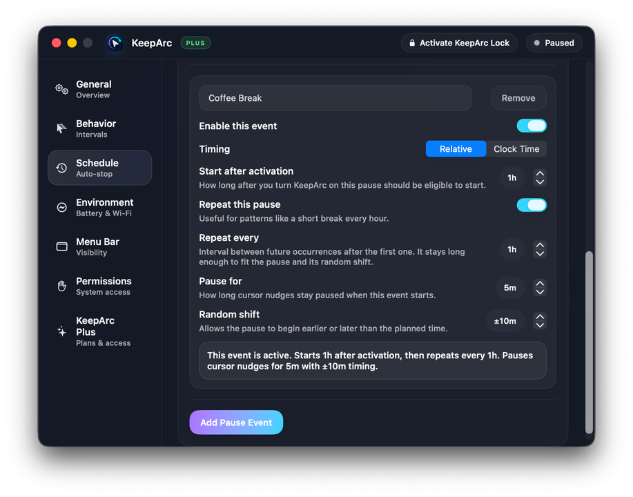 KeepArc schedule with recurring pauses